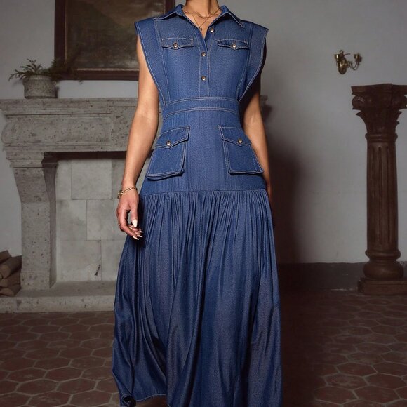 Navy Blue Elegant Women's Sleeveless Dress - Picture 5 of 6